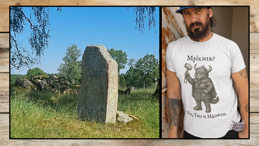 A Swedish runestone in a grassy field next to a man wearing a Viking-inspired cat T-shirt with the text “Mjölnir? No, this is Meownir”—showing the connection between historical Norse heritage and modern design inspiration.