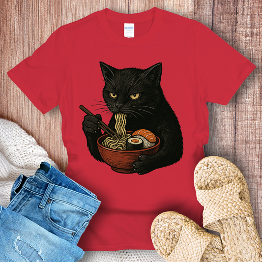 Angry Black Cat Eating Noodles T-Shirt