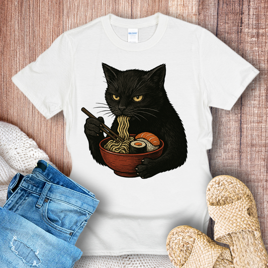 Angry Black Cat Eating Noodles T-Shirt