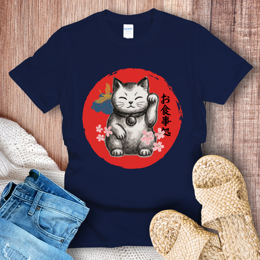 Japanese Lucky Cat – Maneki Neko Graphic with Cherry Blossoms T-Shirt