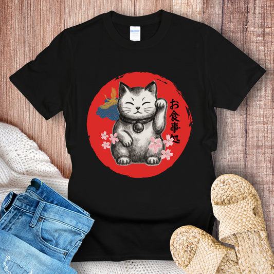 Japanese Lucky Cat – Maneki Neko Graphic with Cherry Blossoms T-Shirt