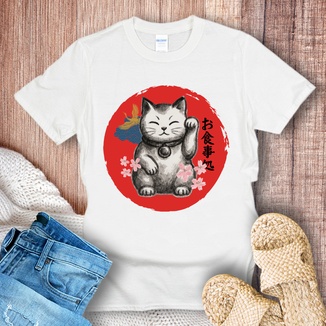 Japanese Lucky Cat – Maneki Neko Graphic with Cherry Blossoms T-Shirt