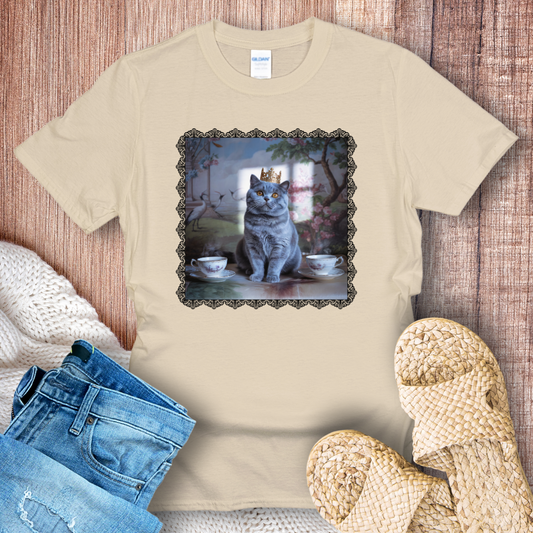 Royal British Shorthair Drinking Tea Black Border T-Shirt