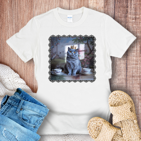 Royal British Shorthair Drinking Tea Black Border T-Shirt