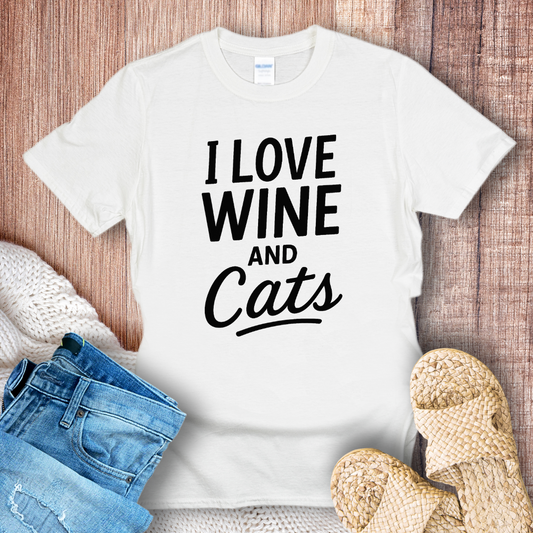 I Love Wine and Cats Black Text T-shirt