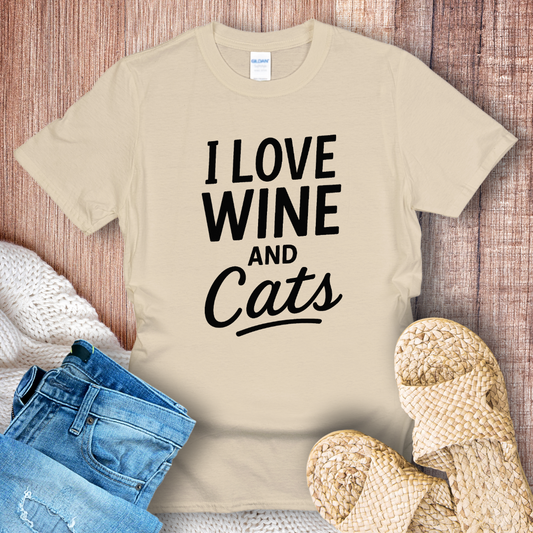 I Love Wine and Cats Black Text T-shirt