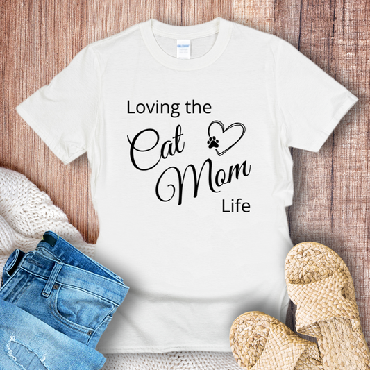Loving the Cat Mom Life Black Text T-Shirt