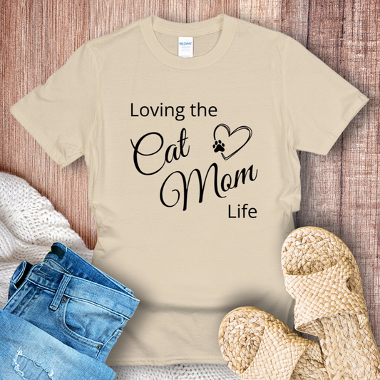 Loving the Cat Mom Life Black Text T-Shirt