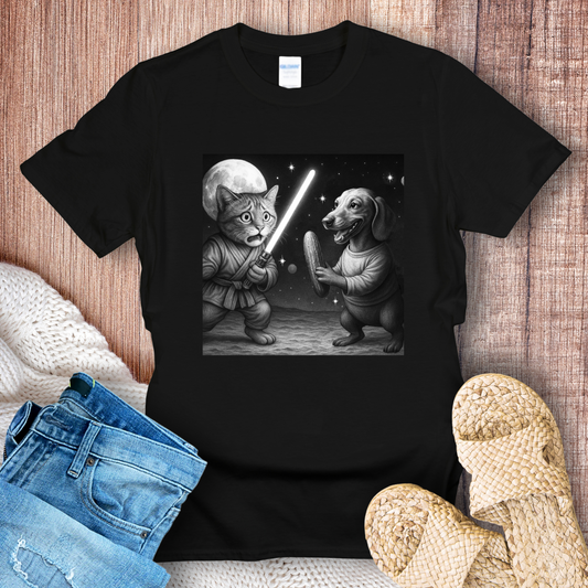 Cat vs Dog in Space Battle T-shirt