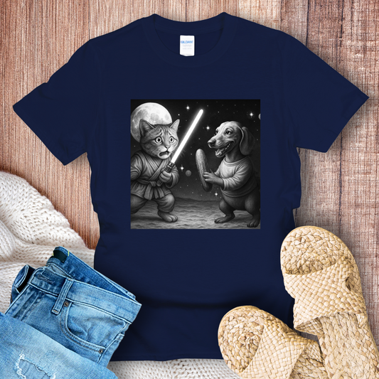 Cat vs Dog in Space Battle T-shirt