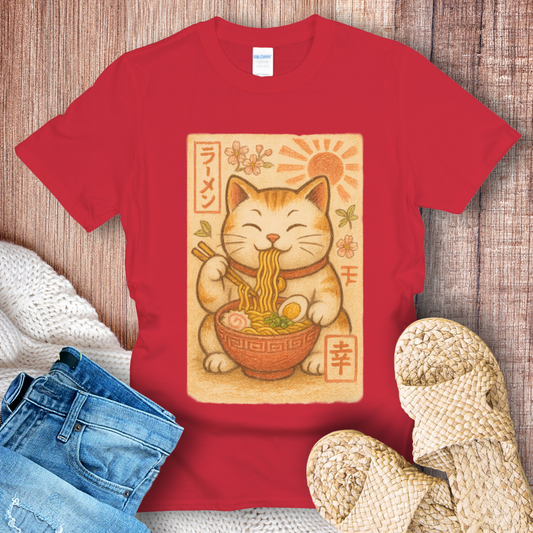 Retro Noodle-Eating Cat T-Shirt