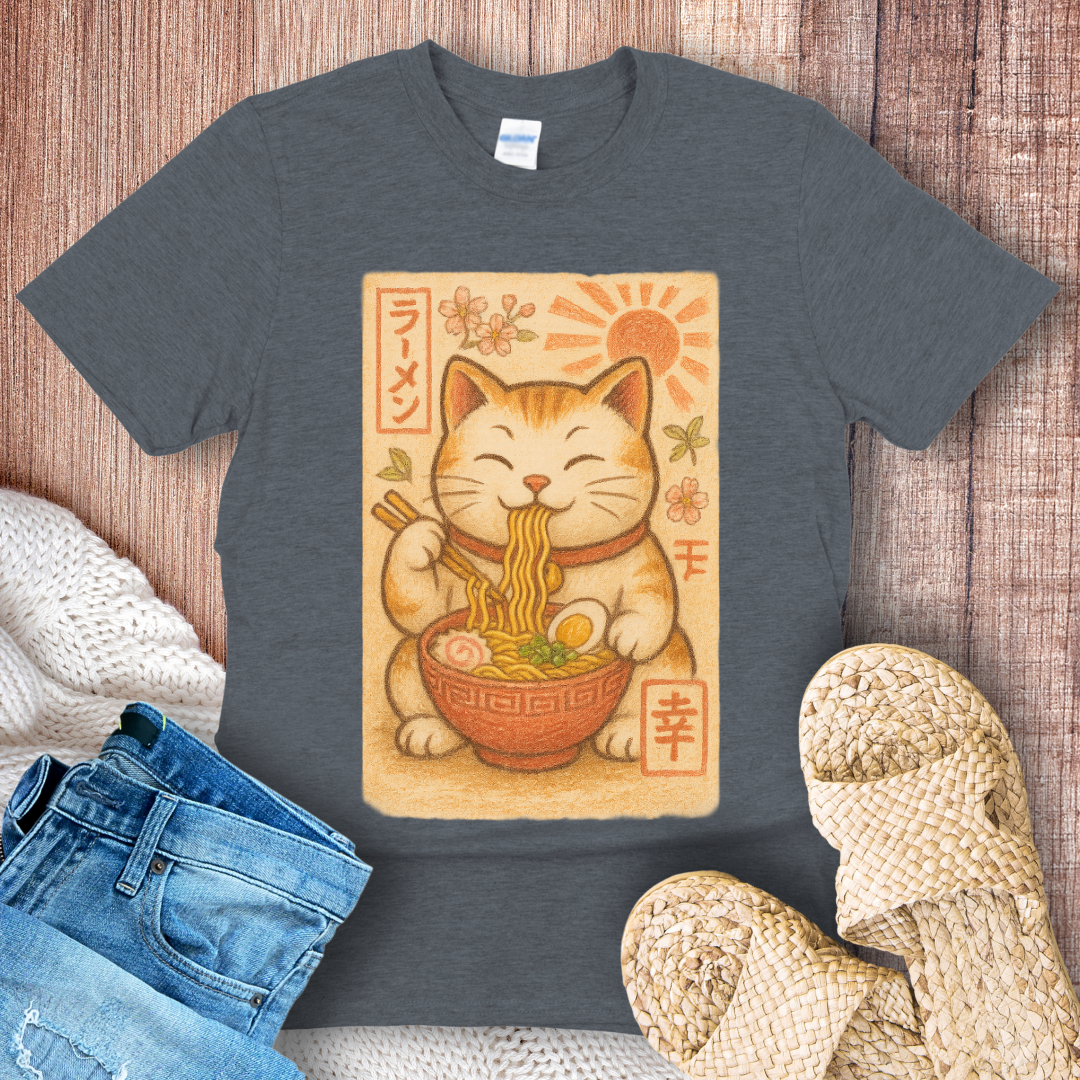 Retro Noodle-Eating Cat T-Shirt
