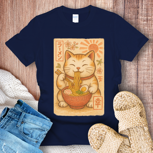 Retro Noodle-Eating Cat T-Shirt