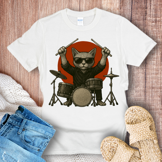 Cat Playing Drums Graphic T-Shirt
