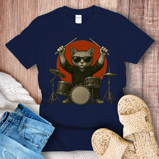 Cat Playing Drums Graphic T-Shirt