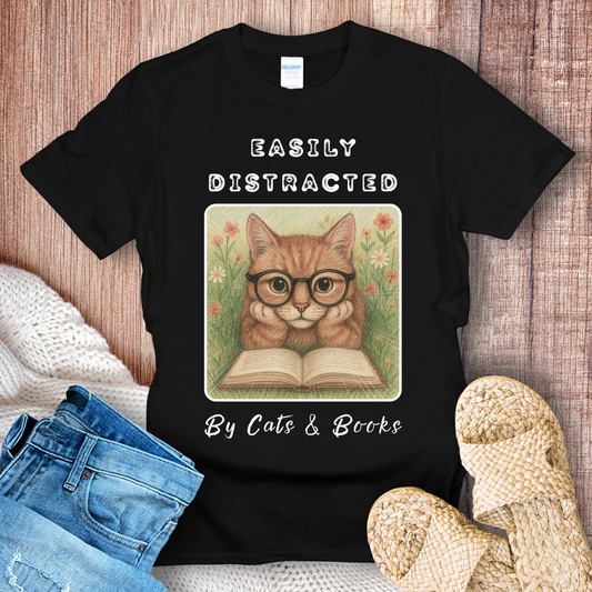 Easily Distracted By Cats & Books T-shirt