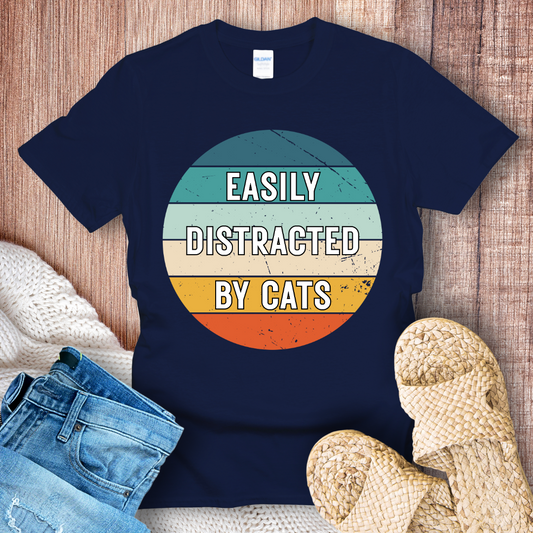 Easily Distracted by Cats – Funny Retro Cat Lover Graphic T-Shirt