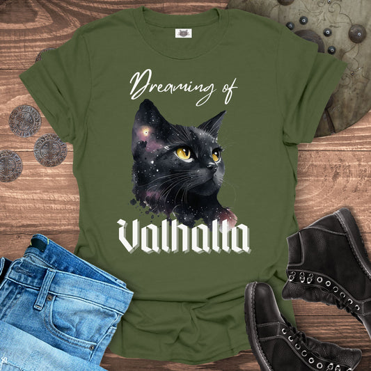 Dreaming of Valhalla – Celestial Norse Mythology Cat T-Shirt