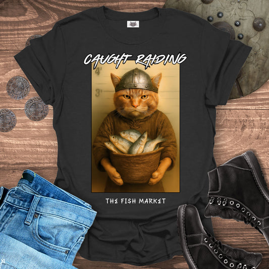 Caught Raiding the Fish Market – Viking Cat T-Shirt
