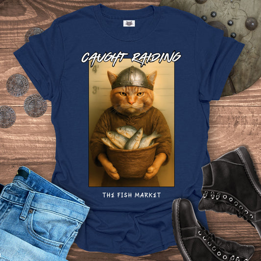 Caught Raiding the Fish Market – Viking Cat T-Shirt