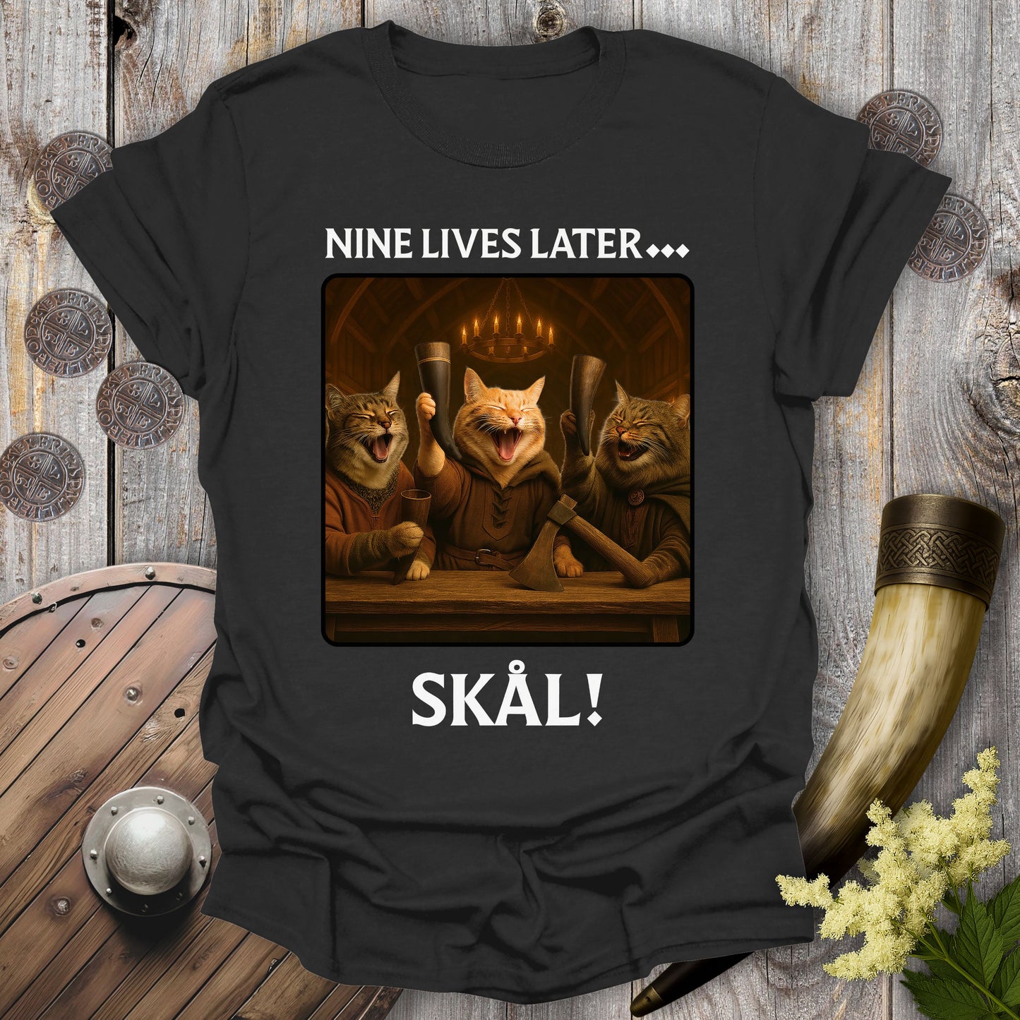 Nine Lives Later… Skål! – Valhalla Viking Cat T-Shirt