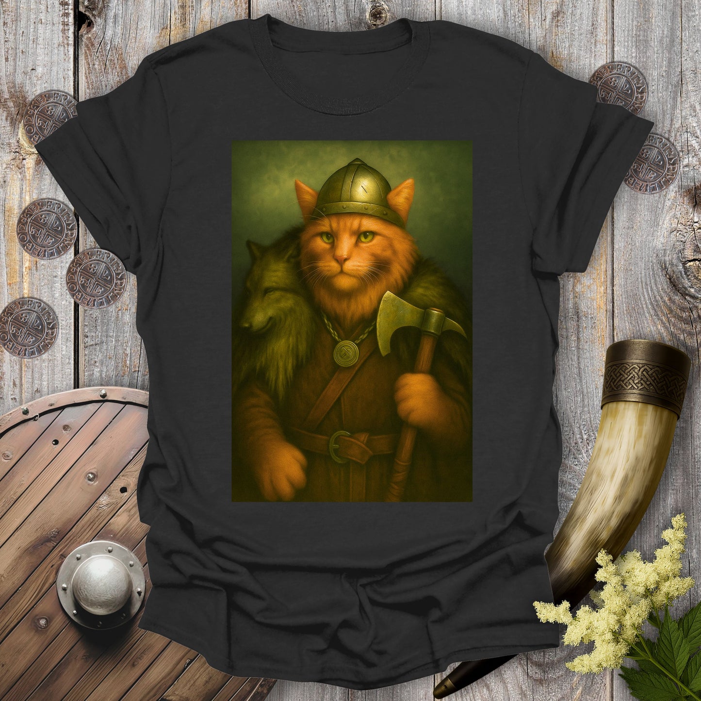 Viking Cat in Wolfskin Portrait T-Shirt