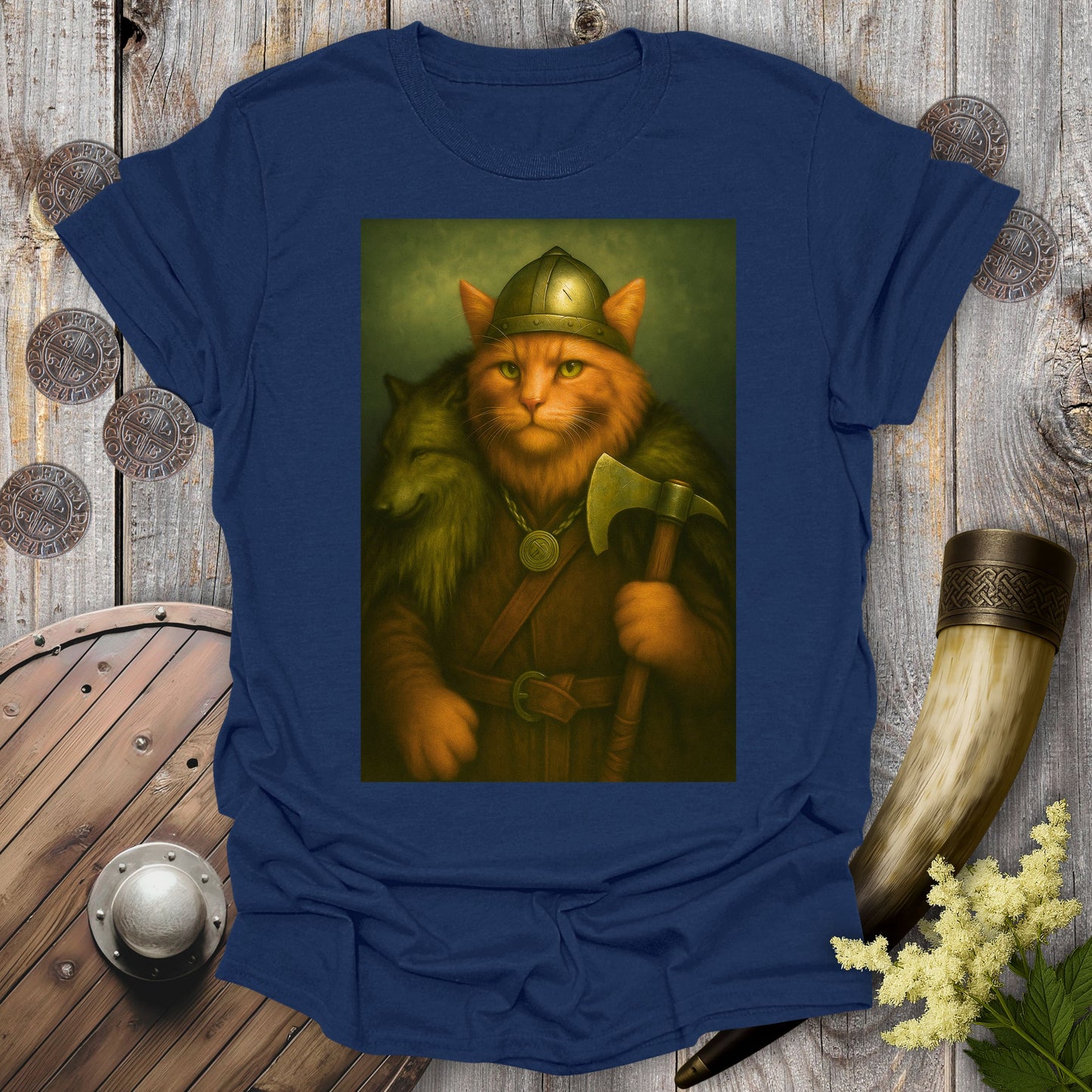 Viking Cat in Wolfskin Portrait T-Shirt