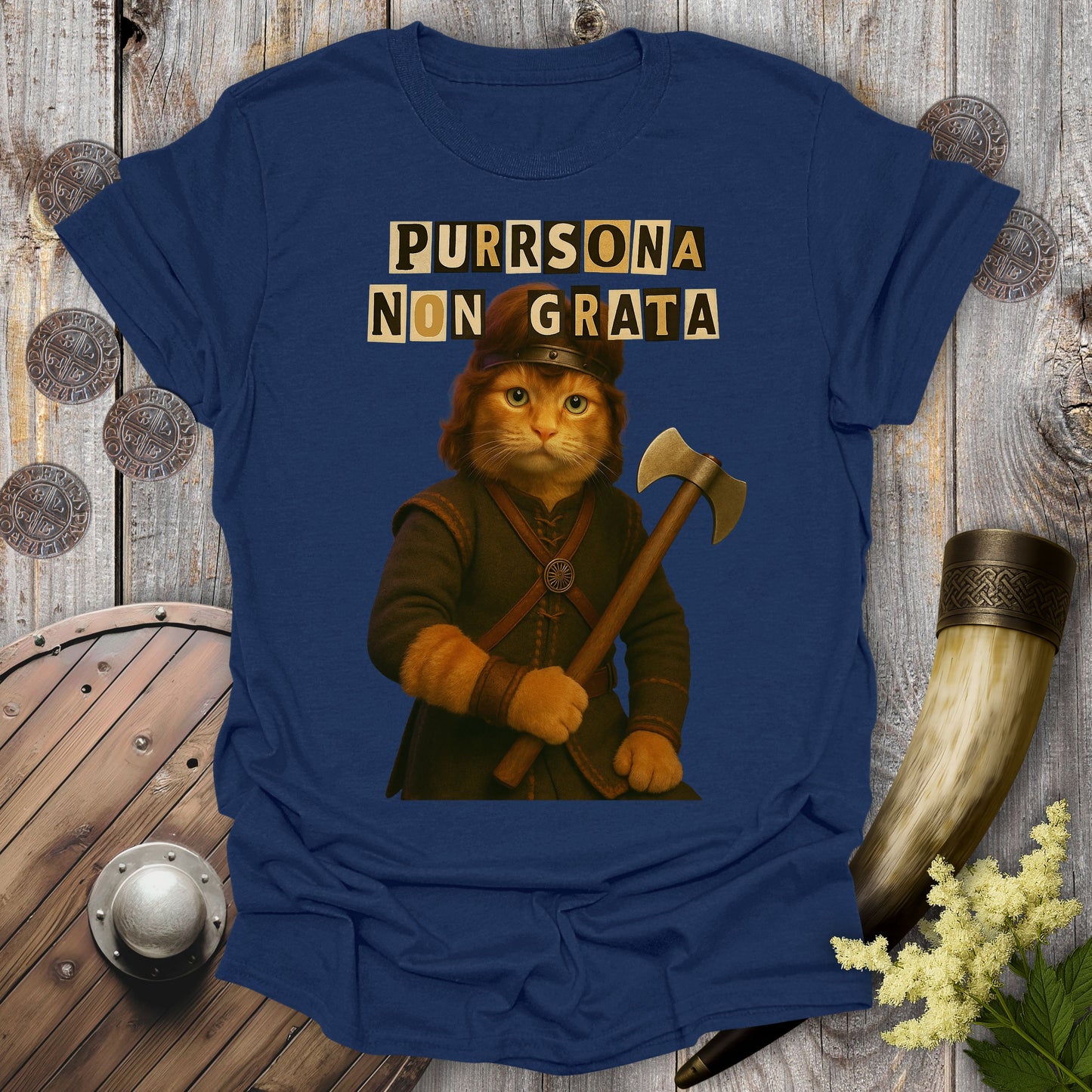 'Purrsona Non Grata' Ransom Note Viking Cat T-Shirt