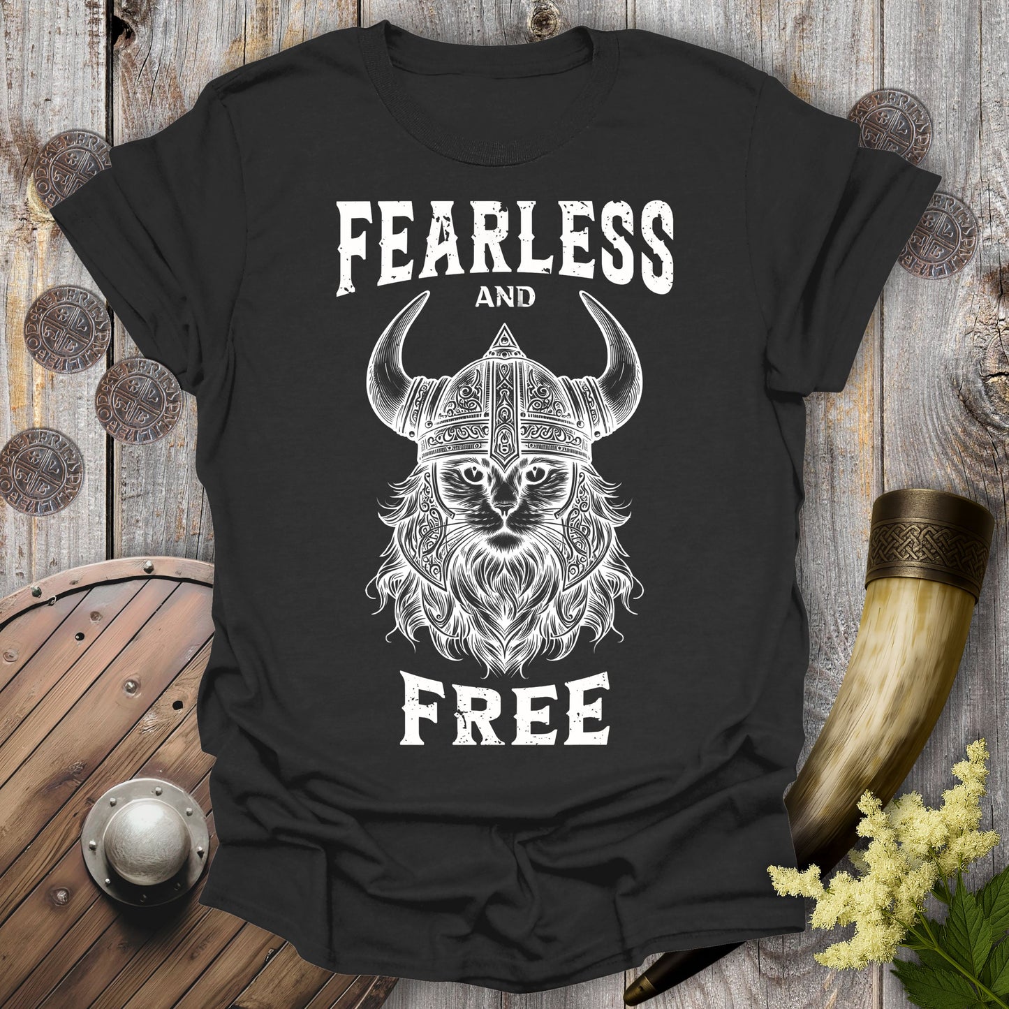 Fearless and Free Viking Cat T-Shirt (Dark & Ghost Edition)