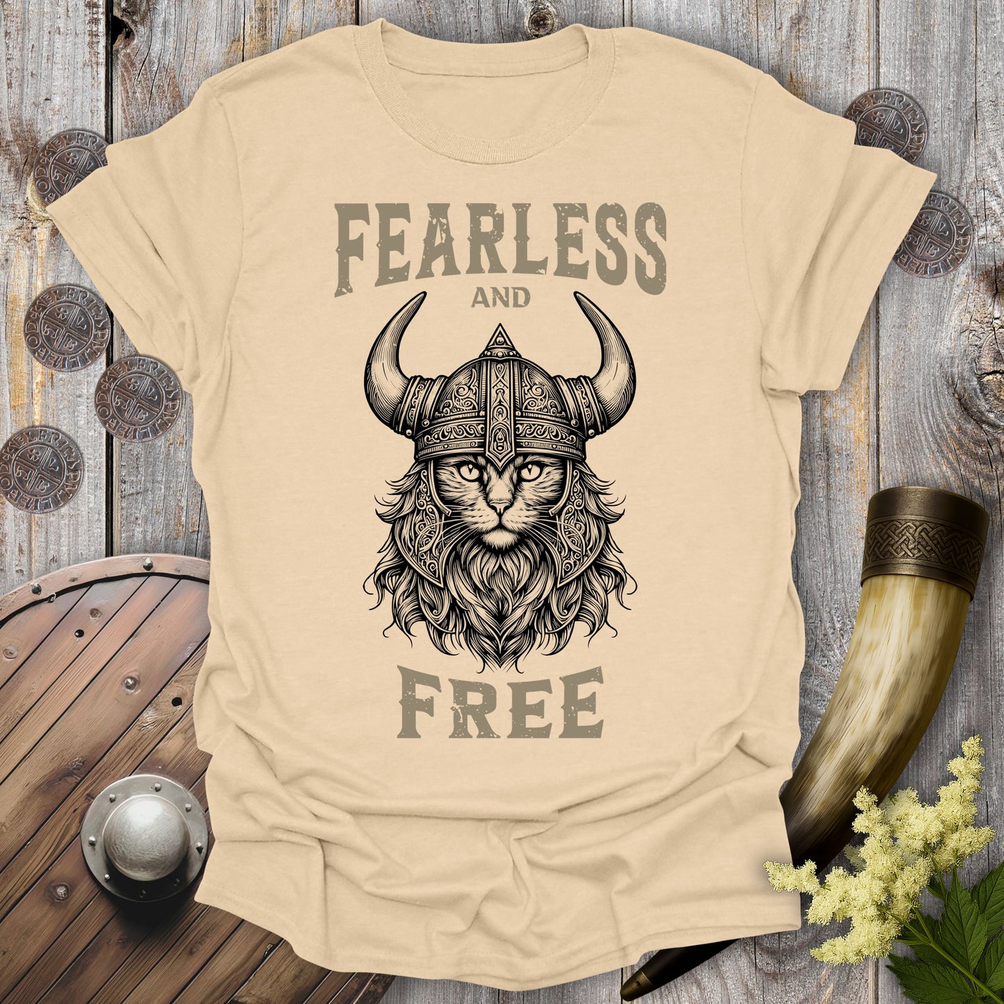 Fearless and Free Viking Cat T-Shirt (Dark & Ghost Edition)
