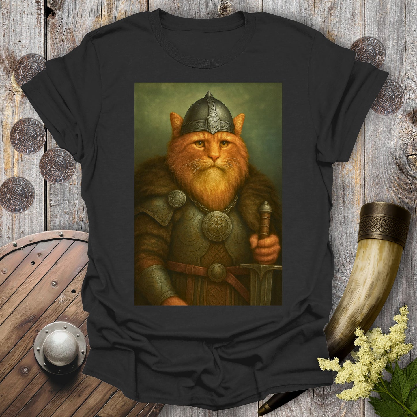 Viking Cat Portrait Warrior King T-Shirt