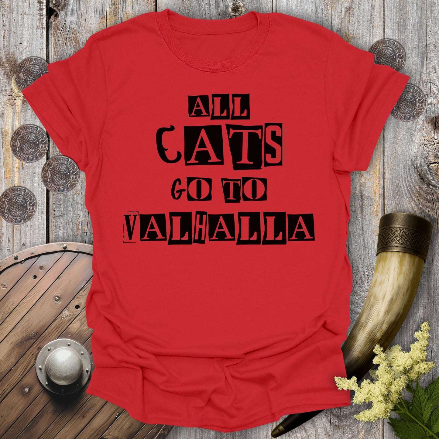 All Cats Go To Valhalla Ransom Note Viking Cat T-Shirt