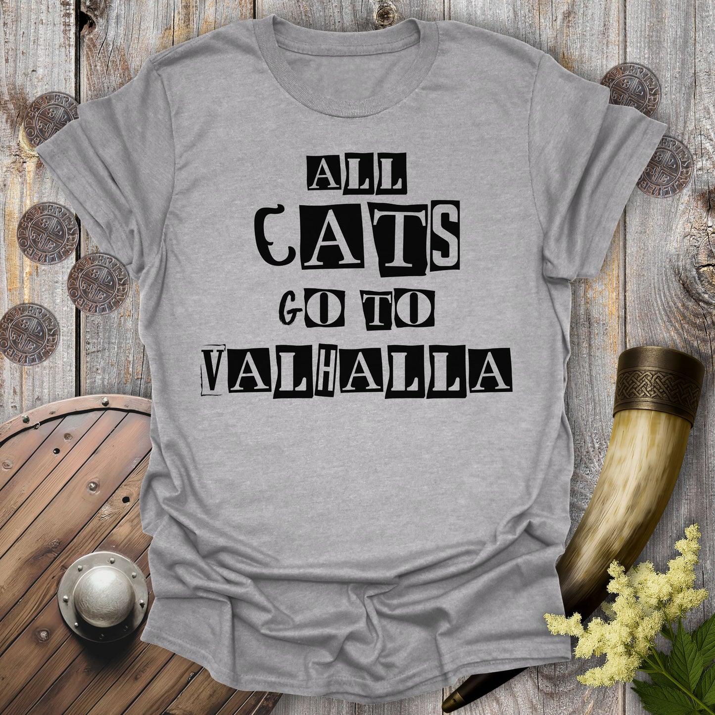 All Cats Go To Valhalla Ransom Note Viking Cat T-Shirt