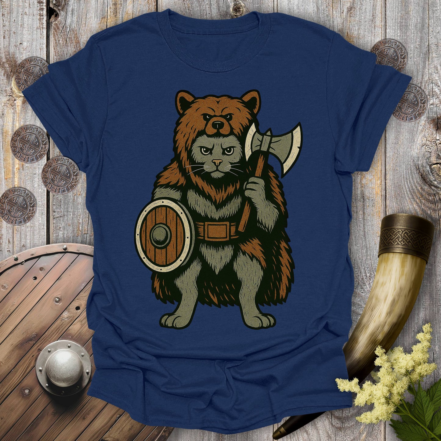 Berserker Cat in Bear Skin Viking Warrior T-Shirt