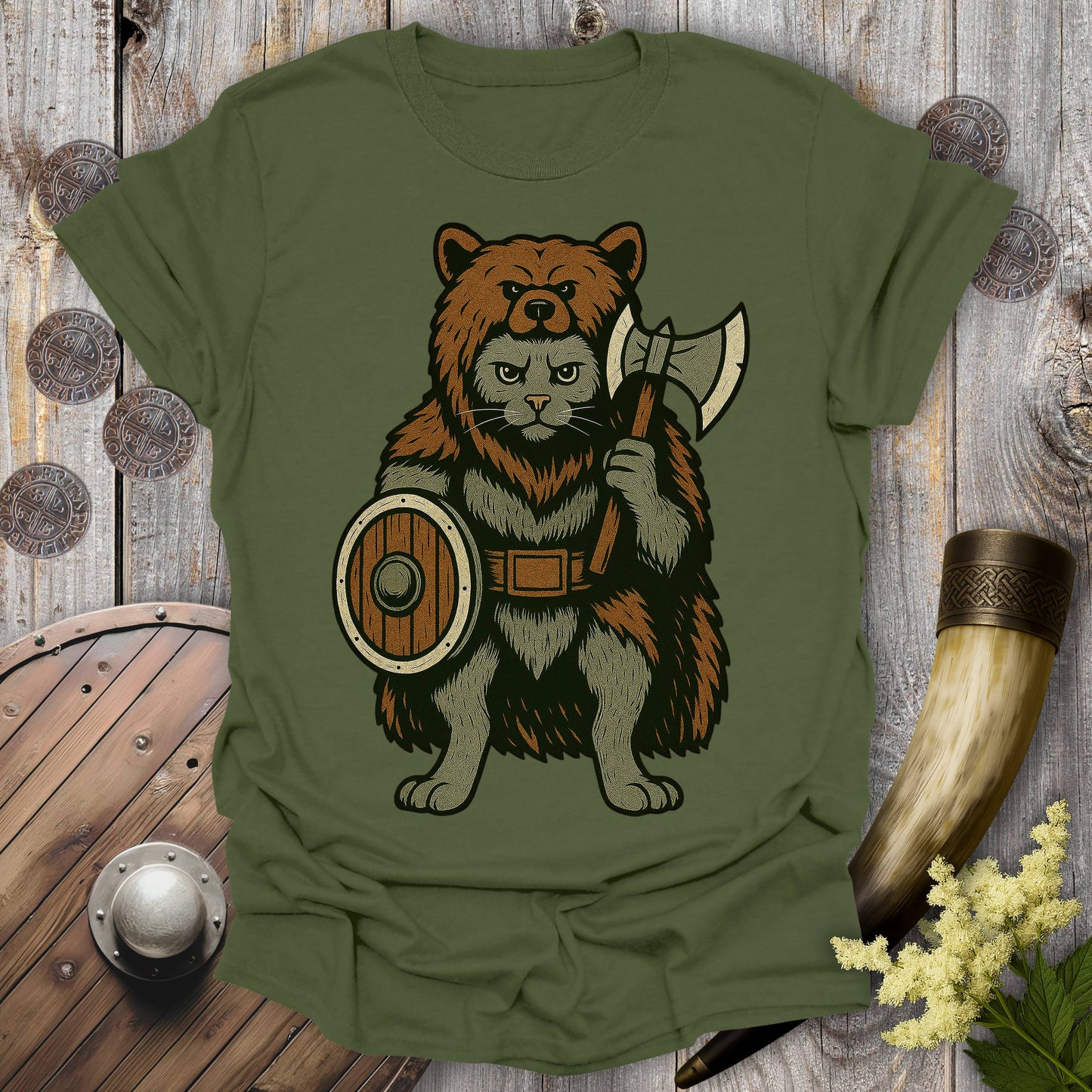 Berserker Cat in Bear Skin Viking Warrior T-Shirt