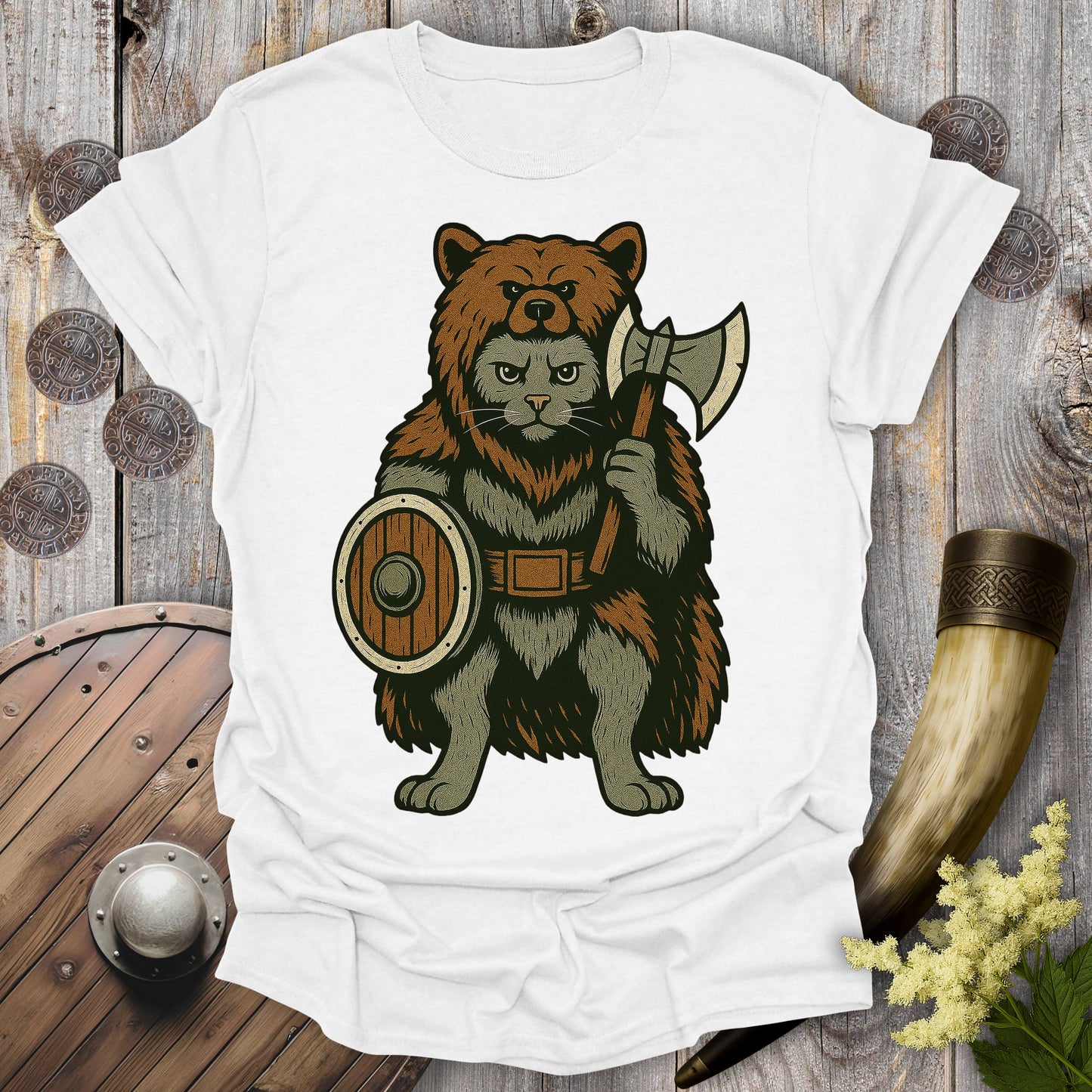 Berserker Cat in Bear Skin Viking Warrior T-Shirt