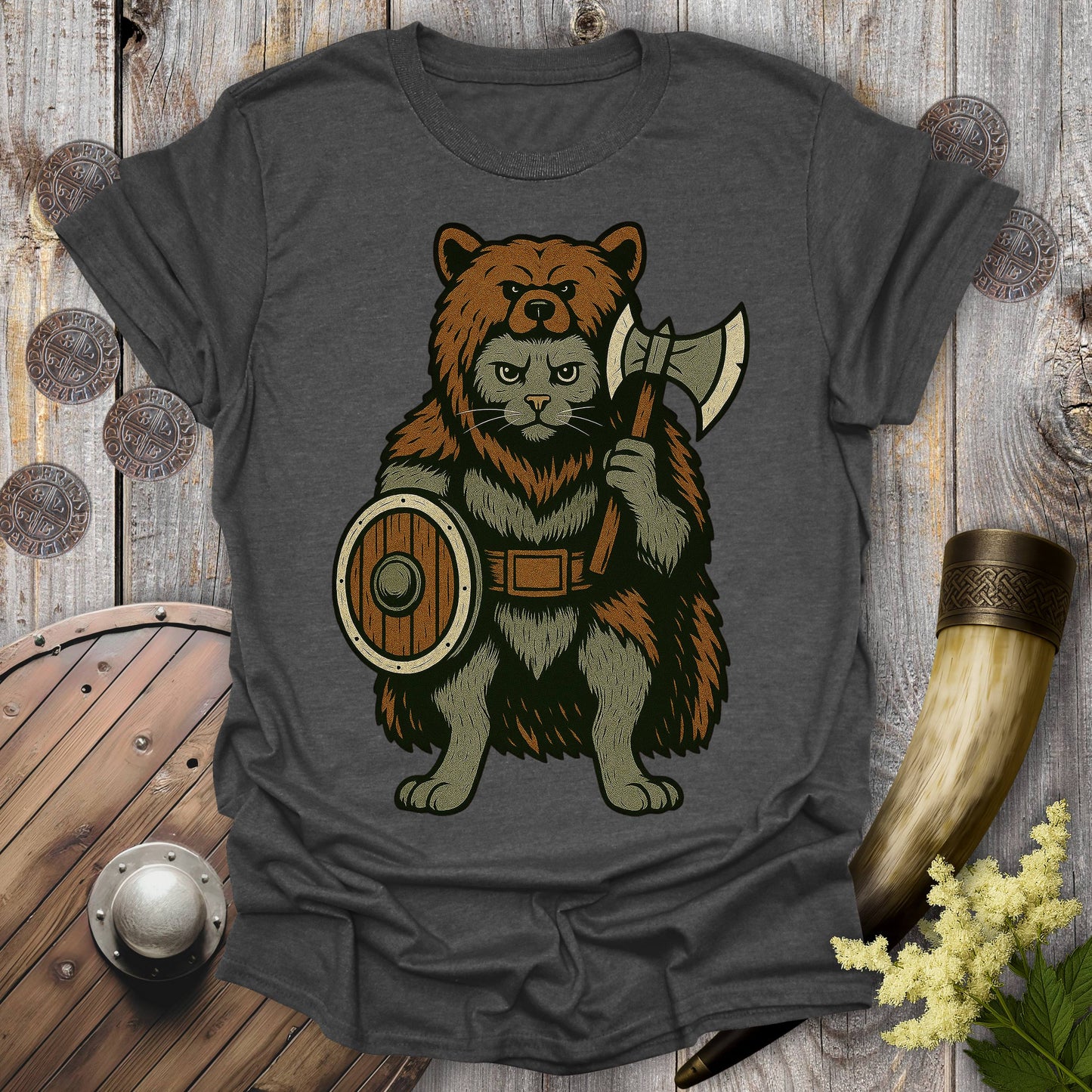 Berserker Cat in Bear Skin Viking Warrior T-Shirt