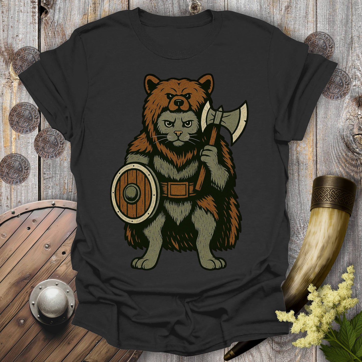 Berserker Cat in Bear Skin Viking Warrior T-Shirt