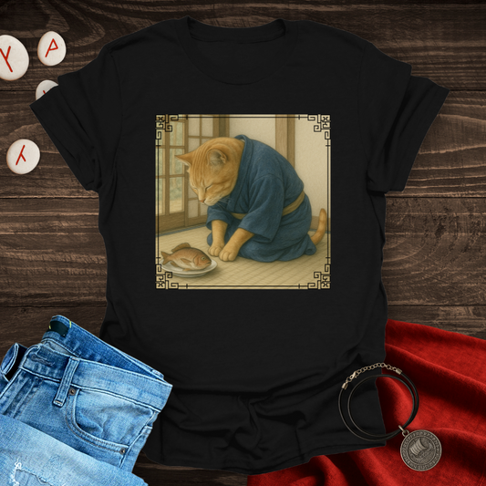 Samurai Cat and Fish – Japanese Art-Inspired Feline Graphic T-Shirt