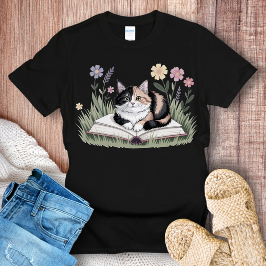Cat on a Book in the Grass T-shirt