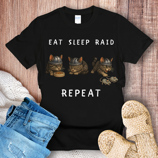 Eat Sleep Raid Repeat White Text Viking Cat T-shirt