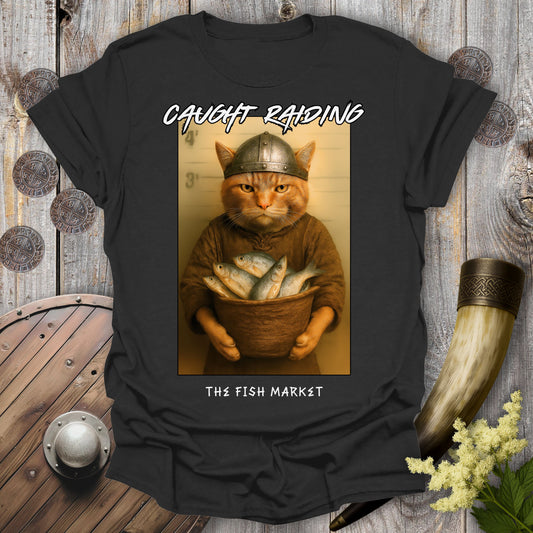 Caught Raiding the Fish Market – Viking Cat T-Shirt