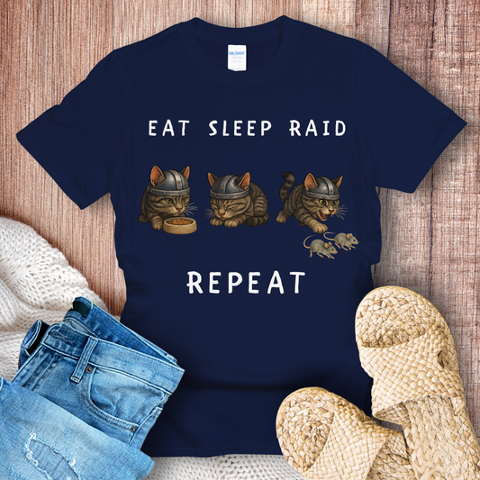 Eat Sleep Raid Repeat White Text Viking Cat T-shirt