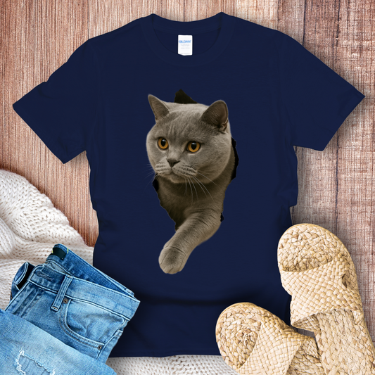 British Shorthair Cat in Hole T-shirt