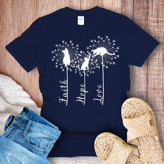 Faith Hope Love – Inspirational Dandelion & Cat Silhouette Graphic T-Shirt