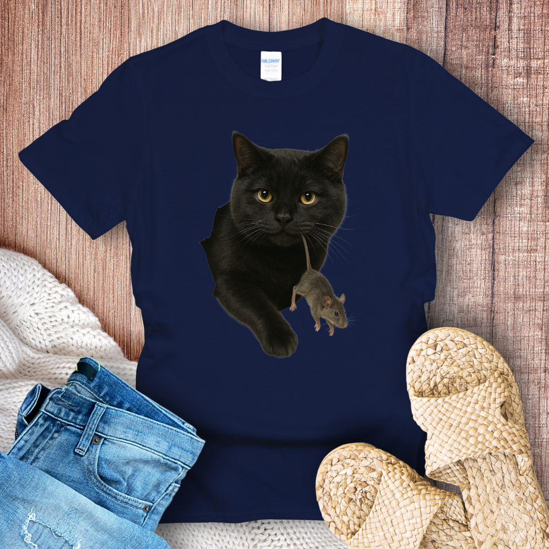 Black Cat with Mouse in Hole T-shirt