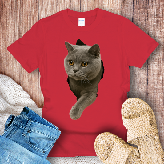 British Shorthair Cat in Hole T-shirt