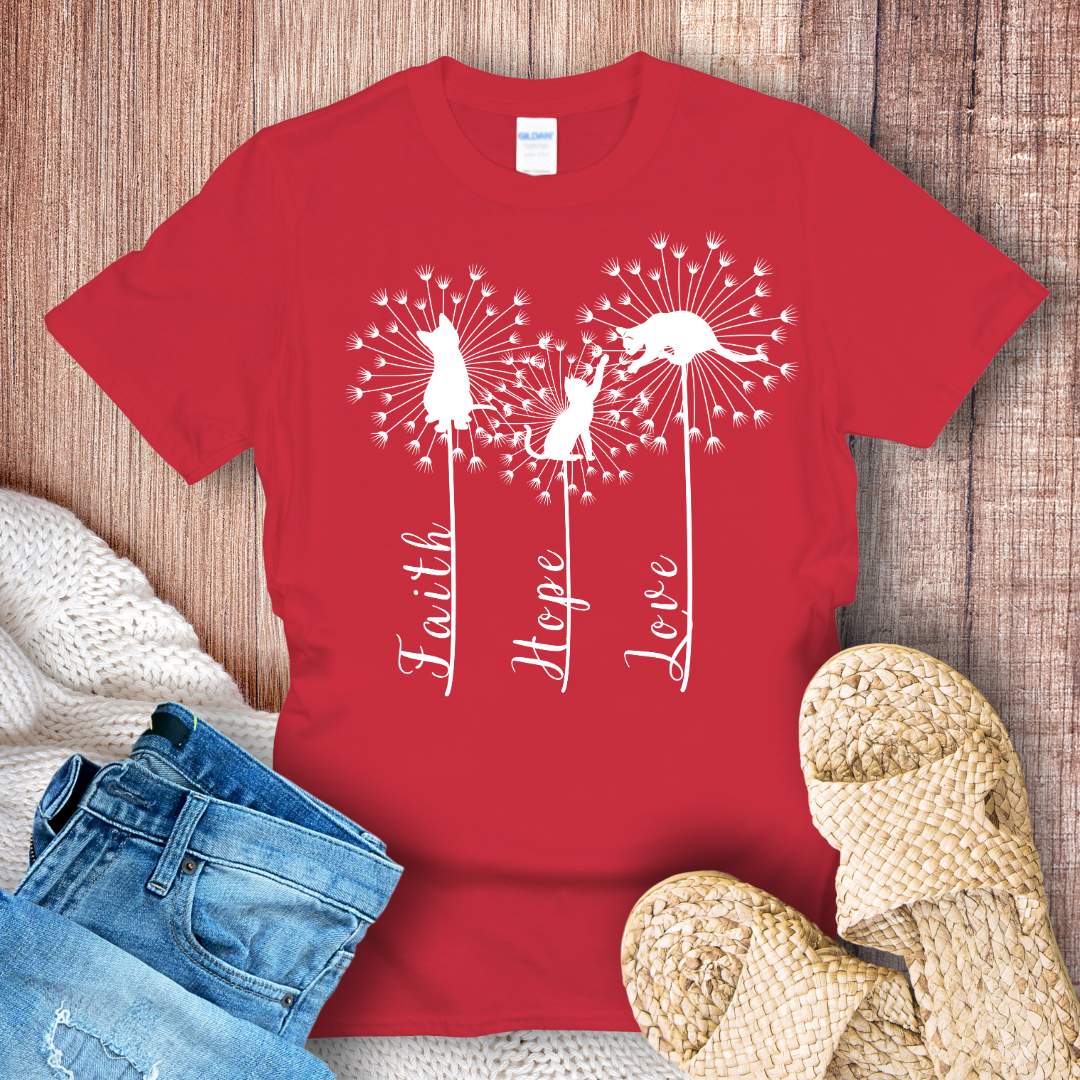 Faith Hope Love – Inspirational Dandelion & Cat Silhouette Graphic T-Shirt