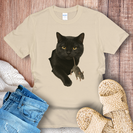 Black Cat with Mouse in Hole T-shirt