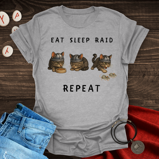Eat Sleep Raid Repeat Viking Cat Black Text T-shirt